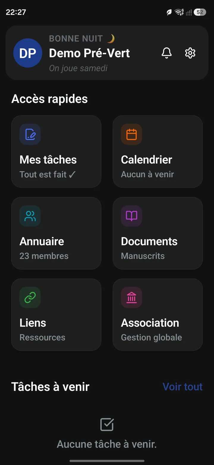 Konclav — écran d'accueil : accès rapides aux tâches, agenda, annuaire et documents
