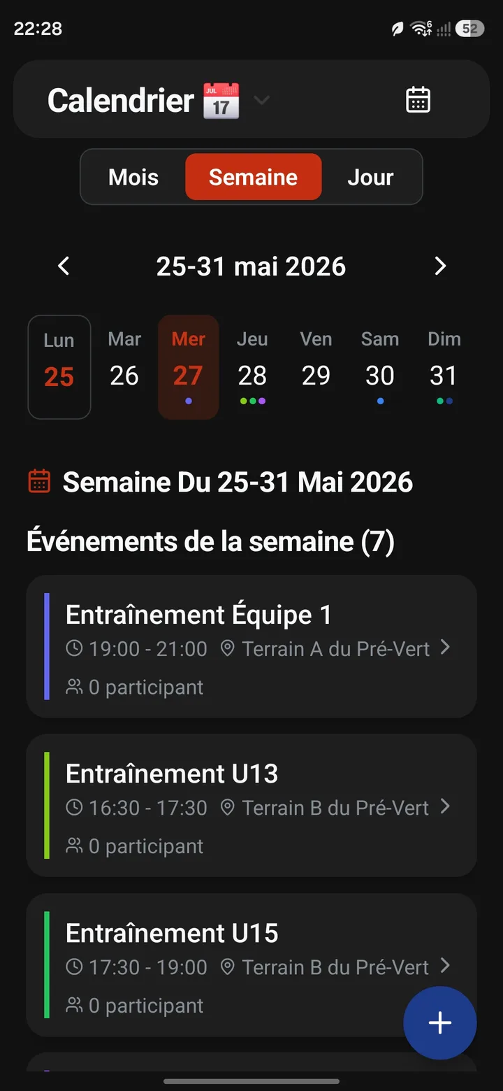 Konclav — agenda, vue semaine des entraînements