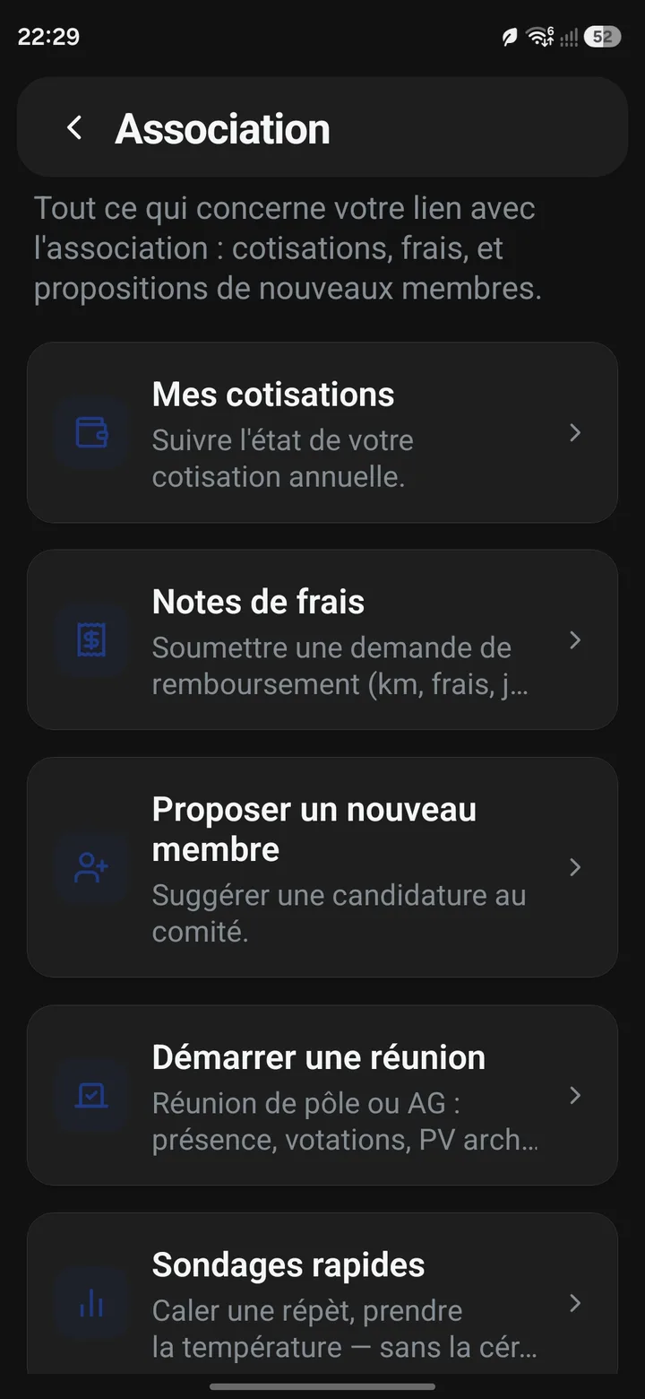 Konclav — espace association : cotisations, notes de frais