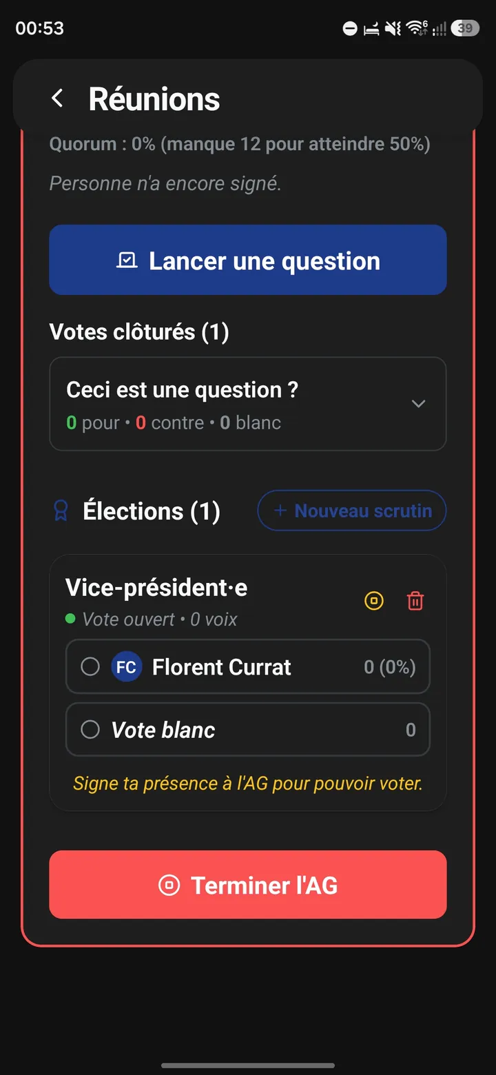 Konclav — élections de l'AG : scrutin pour un poste avec candidats et vote blanc