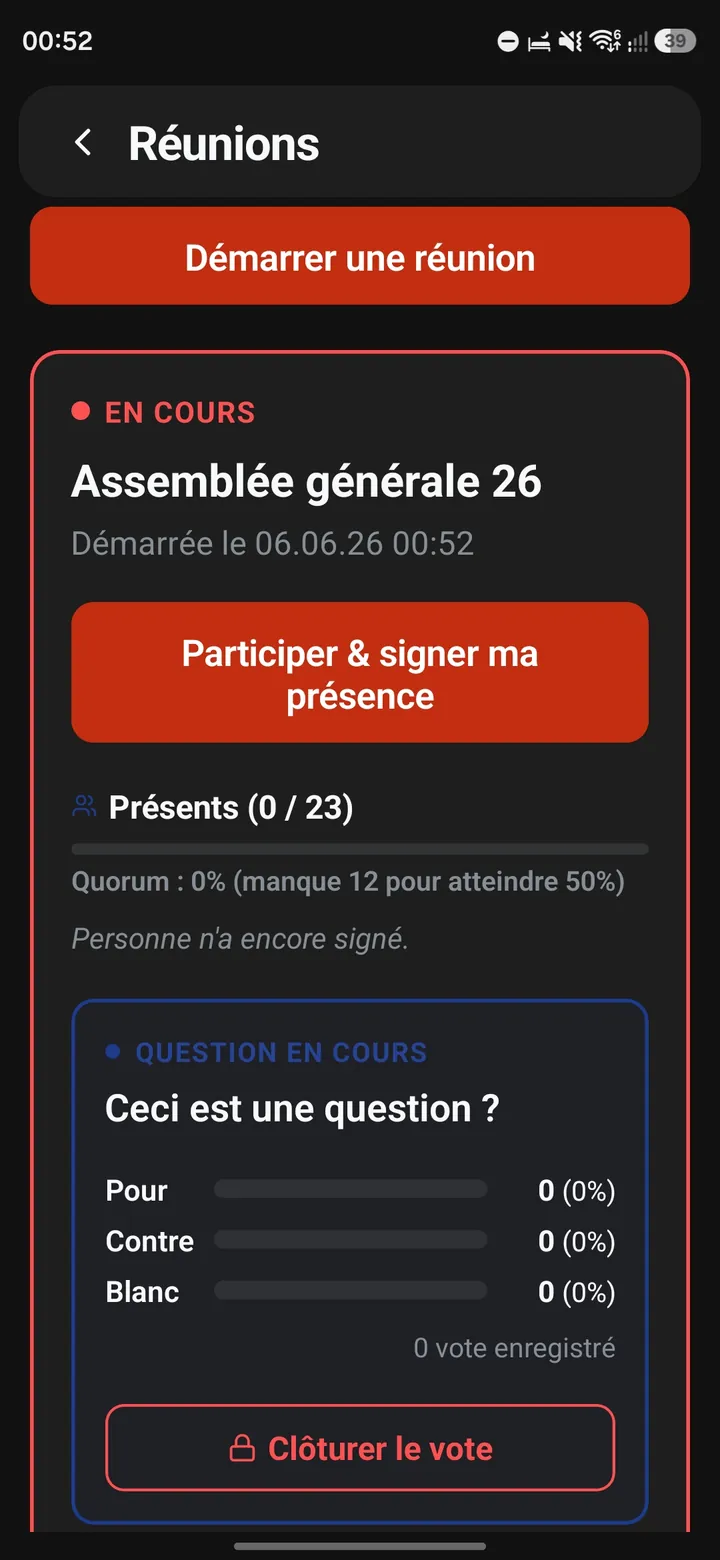 Konclav — AG en cours : présence, quorum et votation Pour / Contre / Blanc en direct