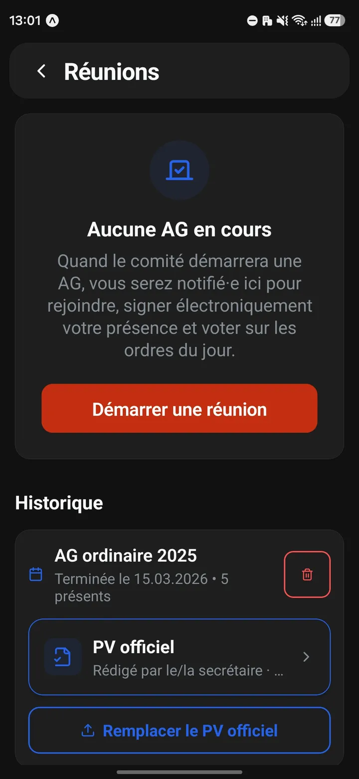 Konclav — écran réunions / AG avec PV archivé