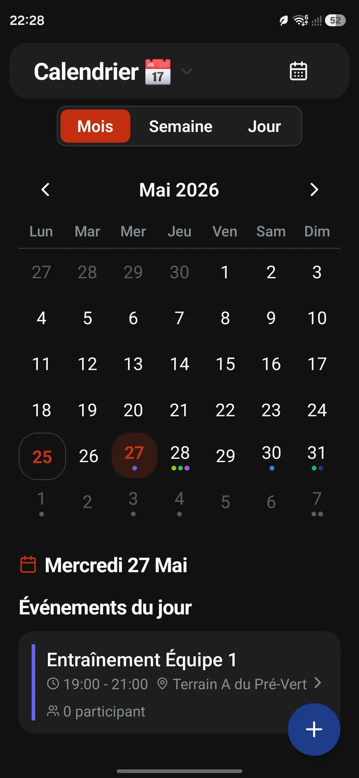 Konclav — calendrier de l'association, vue mois